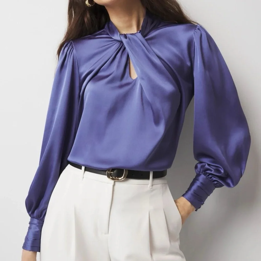 WHBM Chic Royal Blue Long Sleeve Twisted Neck Satin Blouse size 4 - Picture 8 of 15